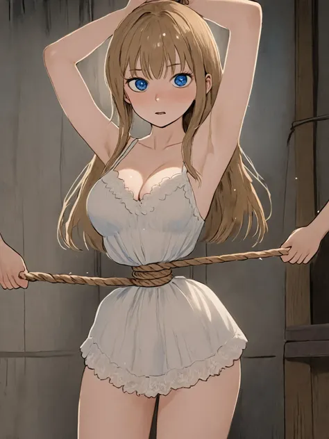 ((Real Picture Style   ))),((  Masterpiece )), (( Top Quality)), ( very detailed ), Torture Room ,(((Hemp Rope Tightening Around her Waist))), cute girl,white Lace Slip Dress,beautiful lightbrown hair ,(beautiful blue eyes ), long hair, expression of pain 