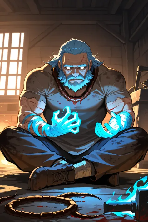 (super detailed:1.2, masterpiece:1.2, best quality:1.2, high res:1.2), old man, muscular, muscular male, Alice Blue hair, Alice Blue beard, 70 years old, dirty shirt, blood, dirty pants, many scars, A centipede emerges from the chest and wraps itself aroun...