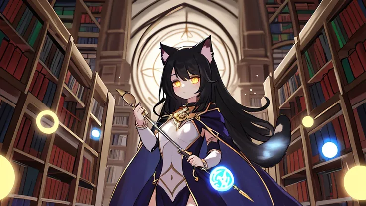 A magical cat-eared girl with long, flowing black hair and piercing golden eyes. She wears a dark purple cloak adorned with silver runes and a crescent moon emblem on her chest. Her feline ears and tail are sleek and black, complementing her mystical aura....