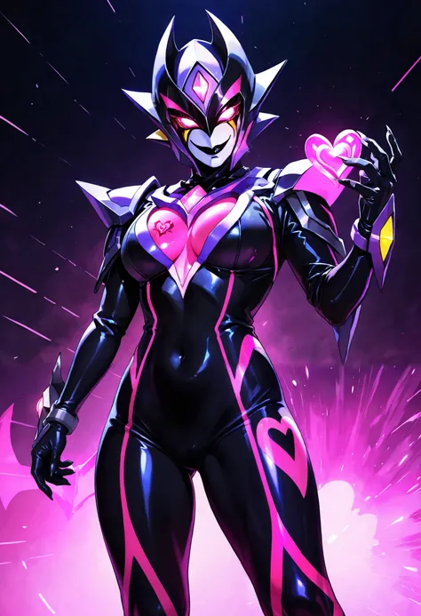 Dark UltraWoman. （high quality）（luster）（(Black Face and red eyeline)）（Black and purple thema color. black helmet. A full-face helmet. Pink lines. Purple glowing mechanical eyes. The whole body is covered with a black bodysuit. Thick legs. Spike decoration....