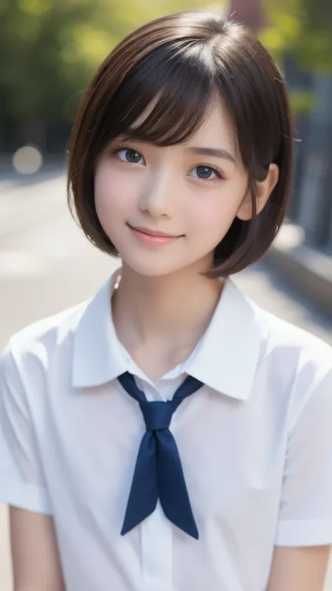  Gold,Short Hair, school uniform,A very young beautiful girl,Very slim body,Correct human body, detailed eyes, detailed face, very beautiful face , very cute face, beautiful skin, evenly balanced eyes, droopy eyes , Embarrassing Smile , highest resolution,...