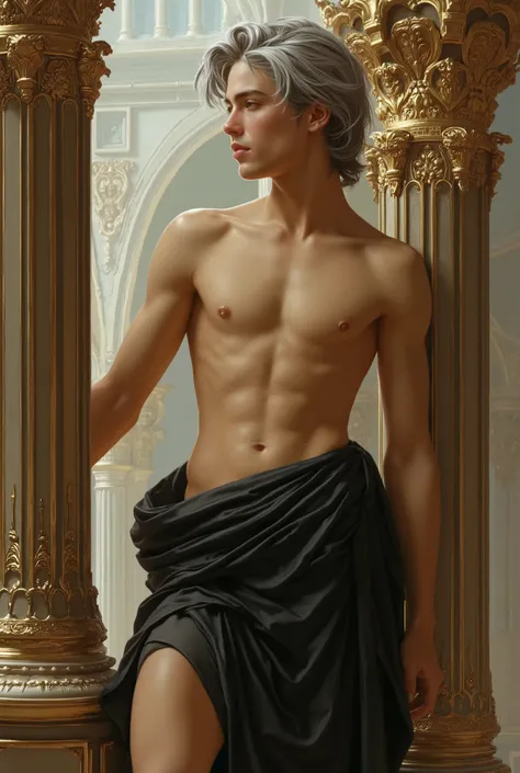 an elegant greek man, age 18, digital painting in the style of Robert Liberace, serenely posed, Silver, Slicked Back Medium Length Waves hair, male, very young, Handsome, standing between two ornate columns, wearing a black loincloth, fantasy, intricate, e...