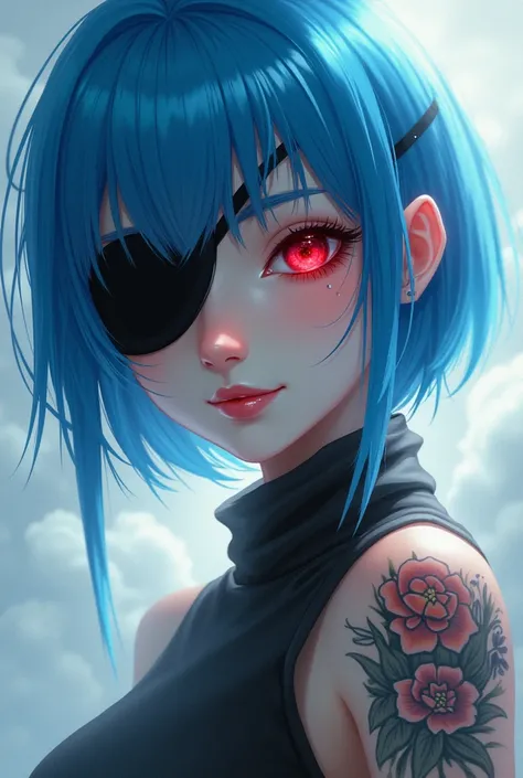 Knitting Blue hair eyepatch left eye red eye smile cloud arm tattoed girl