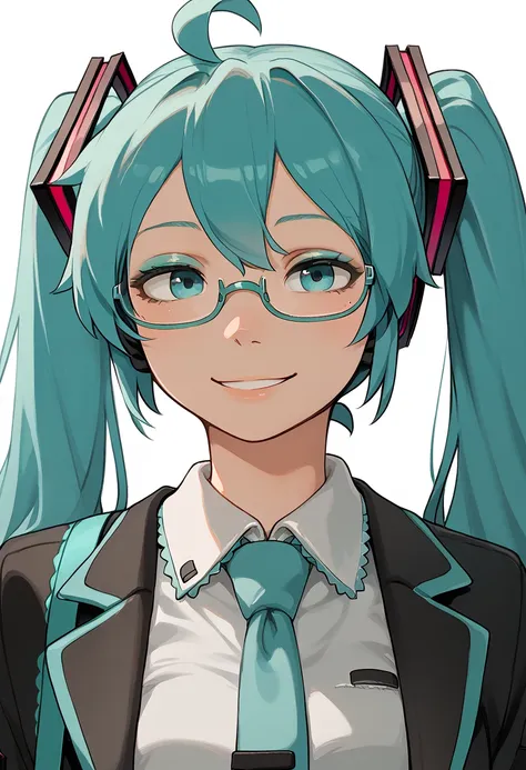 score_9, score_8_up, score_7_up, GERPH_style, 1girl, solo, hatsune miku, [ahoge], aqua eyeshadow, glasses, semi-rimless eyewear, nerd, light smile, half body