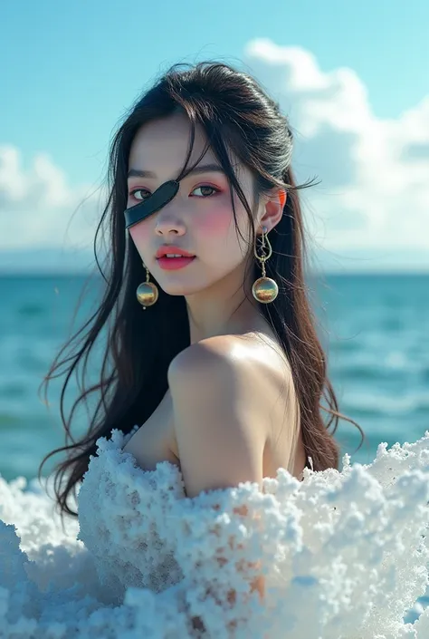 A sexy asian  girl, with a  leather eyepatch，with round earrings，smile，long hair, with pink lips,  sea, sky,white lips, snow，wedding