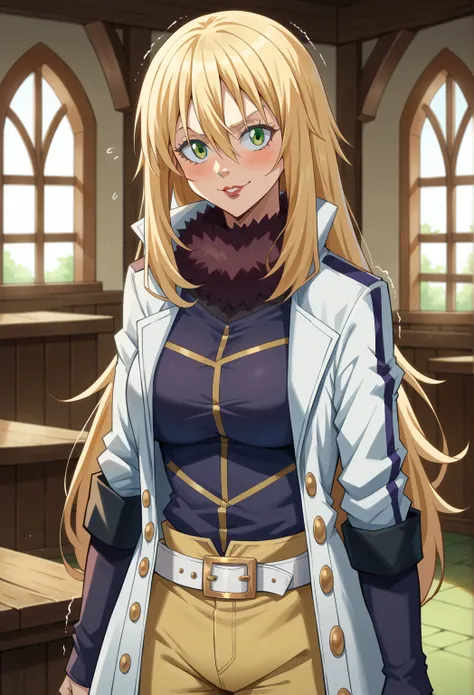 score_9, score_8_up, score_7_up, 1girl, solo, female focus, female rimuru tempest, long hair, hair between eyes, blonde hair, green eyes, long sleeves, open clothes, dark red lips, dark red lipstick, belt, pants, coat, golden yellow pants, buckle, white be...