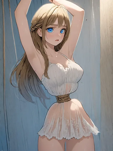 ((Real Picture Style     ))),((   masterpiece )), ((  top quality)), (  very well detailed ), torture chamber ,((( Hemp Rope Tightening Around the Waist ))), cute girl, White Lace Slip Dress,Beautiful light brown hair  ,( beautiful blue eyes ),  long hair,...