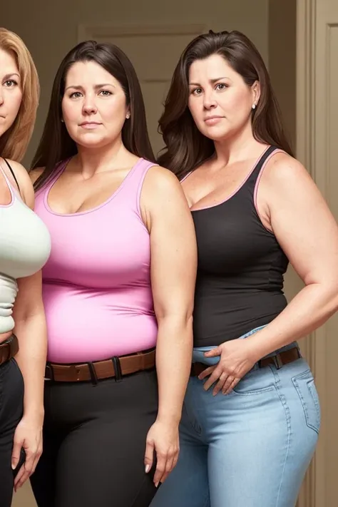 three very bulky and large framed and fat middleaged caucasian women wearing pink tank top, black pants, belt, close up photo, bloated belly, overly huge bust