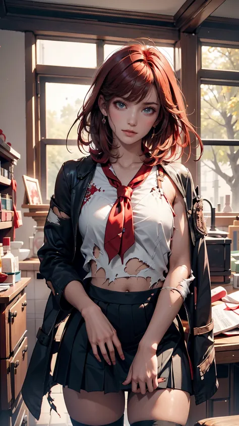  beautiful,  masterpiece,  top quality,  very detailed faces ,  perfect lighting, 1 girl, Alone, Matoi Ryuko ,   Black Cerafuku ,  wears a black skirt ,  red hair, senketsu,   torn clothes ,  UNDERBOB 