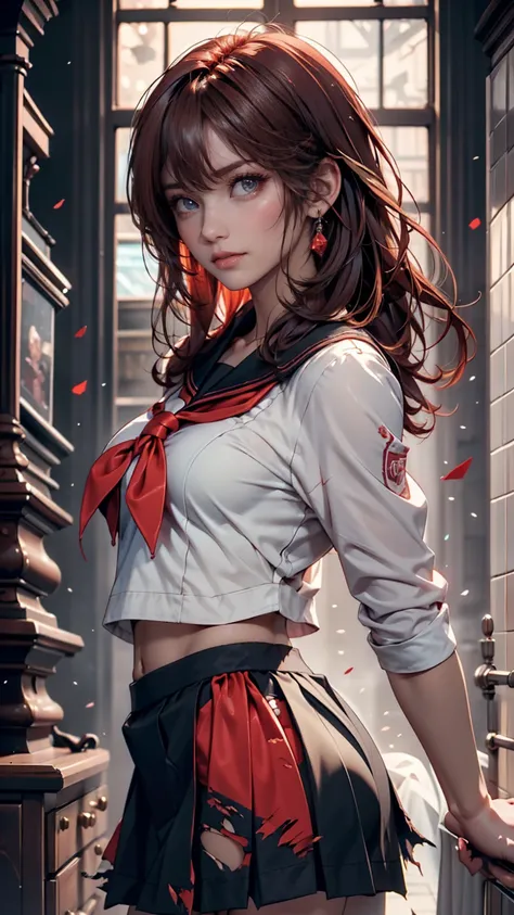  beautiful,  masterpiece,  top quality,  very detailed faces ,  perfect lighting, 1 girl, Alone, Matoi Ryuko ,   Black Cerafuku ,  wears a black skirt ,  red hair, senketsu,   torn clothes ,  UNDERBOB 