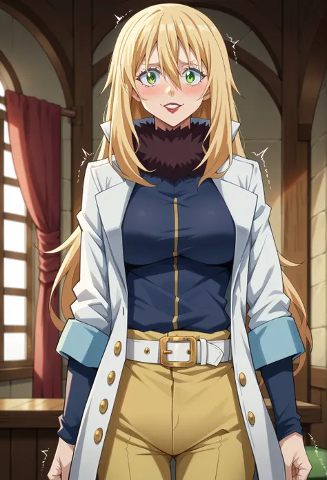 score_9, score_8_up, score_7_up, 1girl, solo, female focus, female rimuru tempest, long hair, hair between eyes, blonde hair, green eyes, long sleeves, open clothes, dark red lips, dark red lipstick, belt, pants, coat, golden yellow pants, buckle, white be...