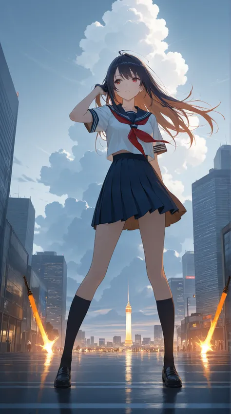 A high resolution photograph of girl in sailor uniform with long hair.
She stands with spread legs apart on the tokyo. She looks at the camera that focusing her face. In the background is the beacon tokyo towers and building. The strong wind blows her hair...