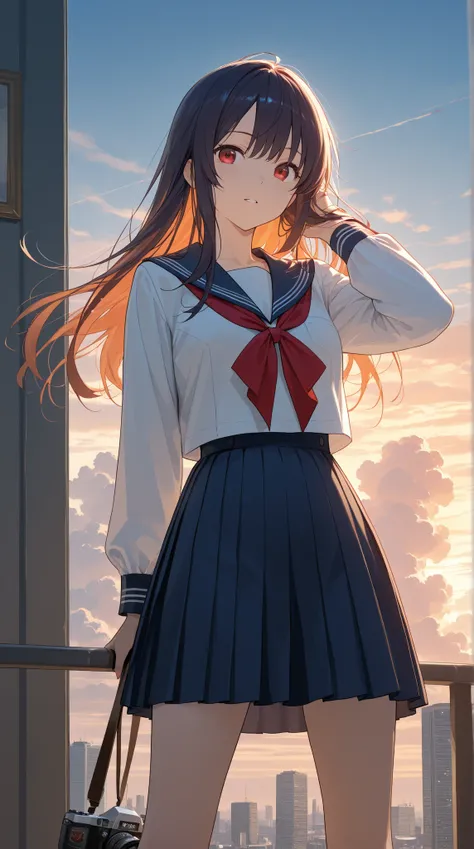 A high resolution photograph of girl in sailor uniform with long hair.
She stands with spread legs apart on the tokyo. She looks at the camera that focusing her face. In the background is the beacon tokyo towers and building. The strong wind blows her hair...