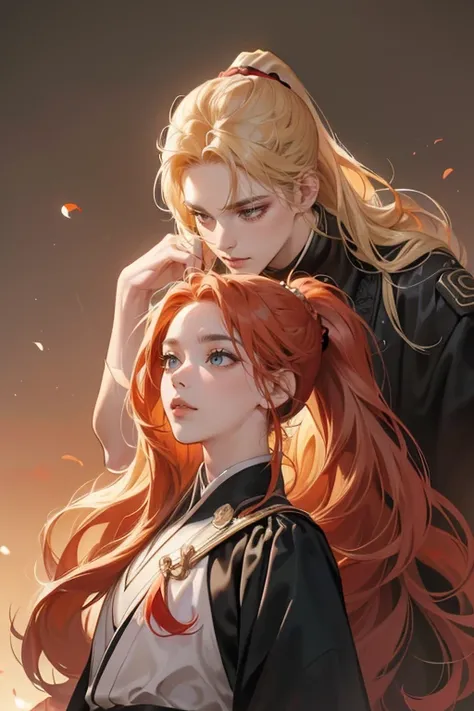 1girl and 1man,standing,((((hands down)))), hands behind、(((blonde man, Long hair,pale gold eyes))),(((redhead woman, wavy hair, ponytail,Jade green eyes))),couple、((I'm wearing an ancient Chinese style black coat))、 skin is not exposed 、 blond man、 red ha...