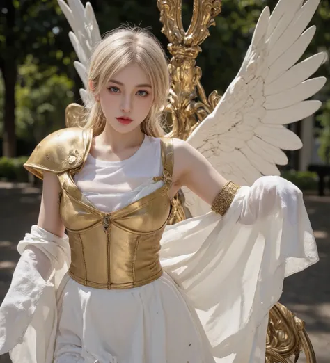 angel, golden armor ,  white dress, ( masterpiece,  the best quality,  High resolution :1.4), 1chica, angel,  skin pore texture,  blond hair, Hard disk , cinematographer,  movie, Cinematic,  full body,  Realistic, (8K,  RAW Photo,  the best quality,  maste...