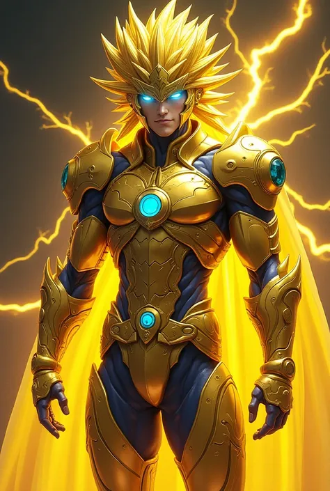 Create Yu-Gi-Oh  & Final Fantasy a handsome man with very sharp golden hair with sparkling neon blue eyes with shapely legs with a shimmering gold metallic helmet with blue details wearing shimmering metallic gold armor with blue details with a yellow elec...