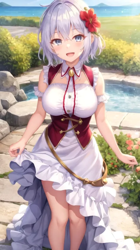 masterpiece, best quality, girl, solo, looking at viewer, lugh_tuatha_de, white hair, grey eyes, large breasts, princess connect Re:Dive cosplay, princess Dress, standing, smile, open mouth, outdoors 