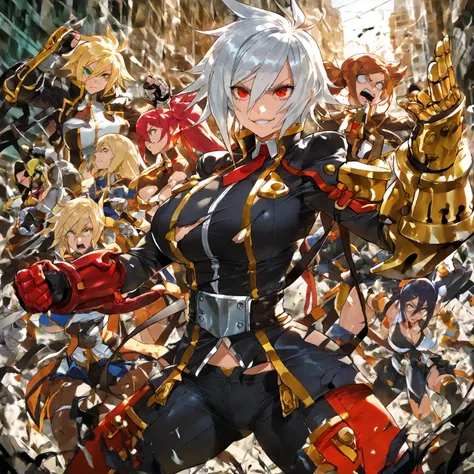 5girls, Bullet And her friends , Blazblue,cowboy shot, destroyed city, Fighter stance,big busty large breasts, Angry eyes,grim smile, Gauntlets, posing in boxing stance (ready for fighting ),, masterpiece, best quality, amazing quality, detailed background...