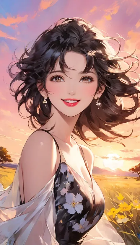  intense ink painting、 top quality、 high image quality、8k、 young and beautiful woman in my eyes、 perfect style、 Perfect face 、 like a beautiful goddess 、 Cute Pink Lips 、 long brownish black hair 、Moderate bust、 ELEGANT DRESS、  Look at Me and Laugh、 natura...