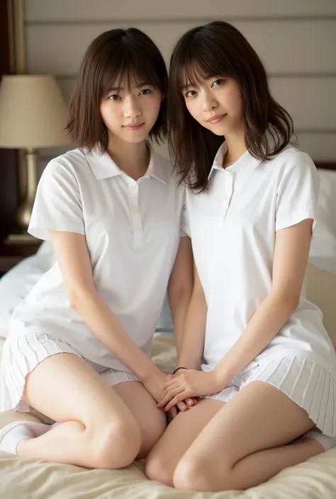 (Masterpiece, Best quality: 1.5), (Ultra realistic, Photo-realistic: 1.4), (nsfw:1.2), (2 girls, yuri), Natural light, 20 years old actor, Japanese woman, Neat and clean, (Short wavy hair:1.1), ((Wearing white tennis uniform, White short-sleeve polo shirt ...