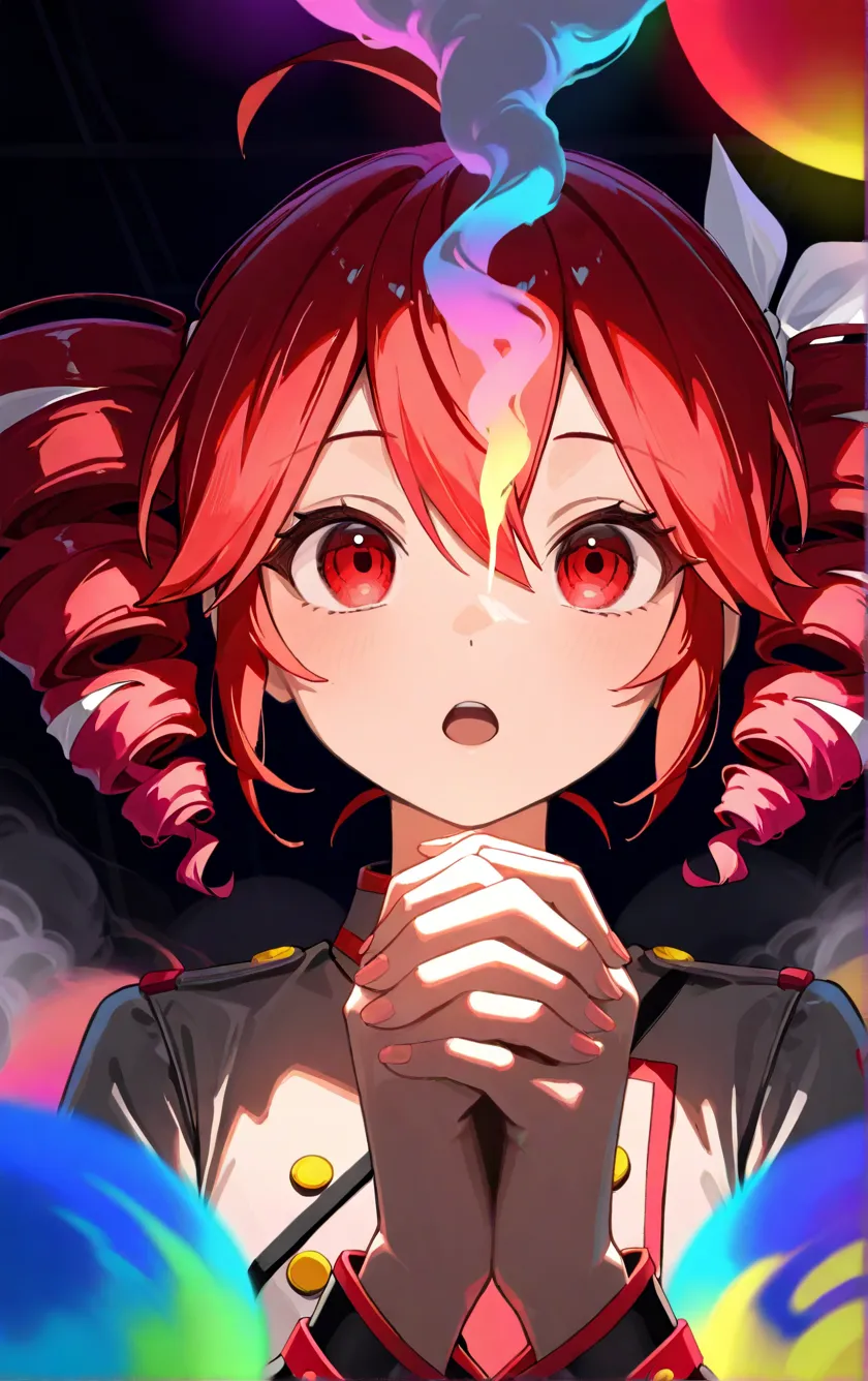 2girl, kasane Teto_Vocaloid, Otomachi Una_Vocaloid,standing, Holding hand,sing together, close-up,upper body,open mouth, looking each other, Volumetric lighting, dept of field, Smoke bomb,Colourful Smoke bomb,on stages, newest, very aesthetics 