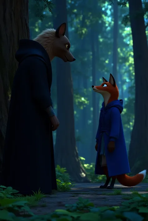 In a shadowy, secretive corner of the forest, Riko, the cunning hyena with a scar on his left eye and wearing his dark, sleek black robe, observes intently. His calculating eyes fix on Suri, the clever fox in her blue robe, as he discerns the hidden weakne...