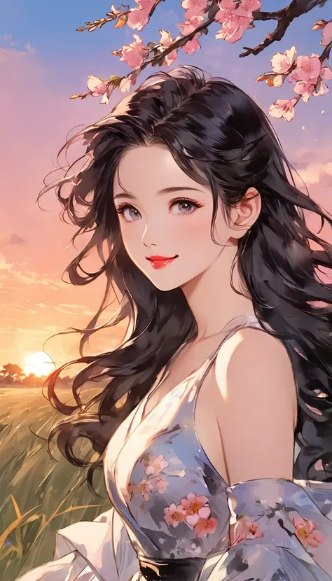  intense ink painting、 top quality、 high image quality、8k、 young and beautiful woman in my eyes、 perfect style、 Perfect face 、 like a beautiful goddess 、 Cute Pink Lips 、 long brownish black hair 、Moderate bust、 ELEGANT DRESS、  Look at Me and Laugh、 natura...