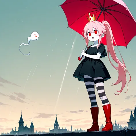  one girl、 female in her 20s、round face、 round eyes 、 white skin、((Wear a red and white mini dress))、(I'm wearing white and black striped tights)、Floating in the sky with a ghost castle in the background、 pink ponytail、I have a crown on my head、I'm wearing...