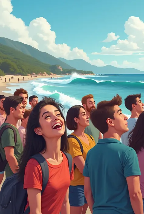 Create a group of people in the foreground or background. They can be standing on the shore, watching in awe.
Include a variety of expressions on their faces—some can be smiling, others surprised or delighted.