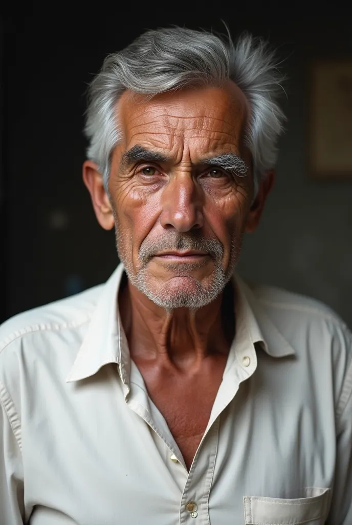  Create an old human 60's photo of RG with low image quality,  worn out by time, Bottomless, of a man,  Brasileiro, nordestino, about 69 to 71 years old , thin and without muscles , with gray hair and short .  Wearing a white button shirt , Your skin must ...