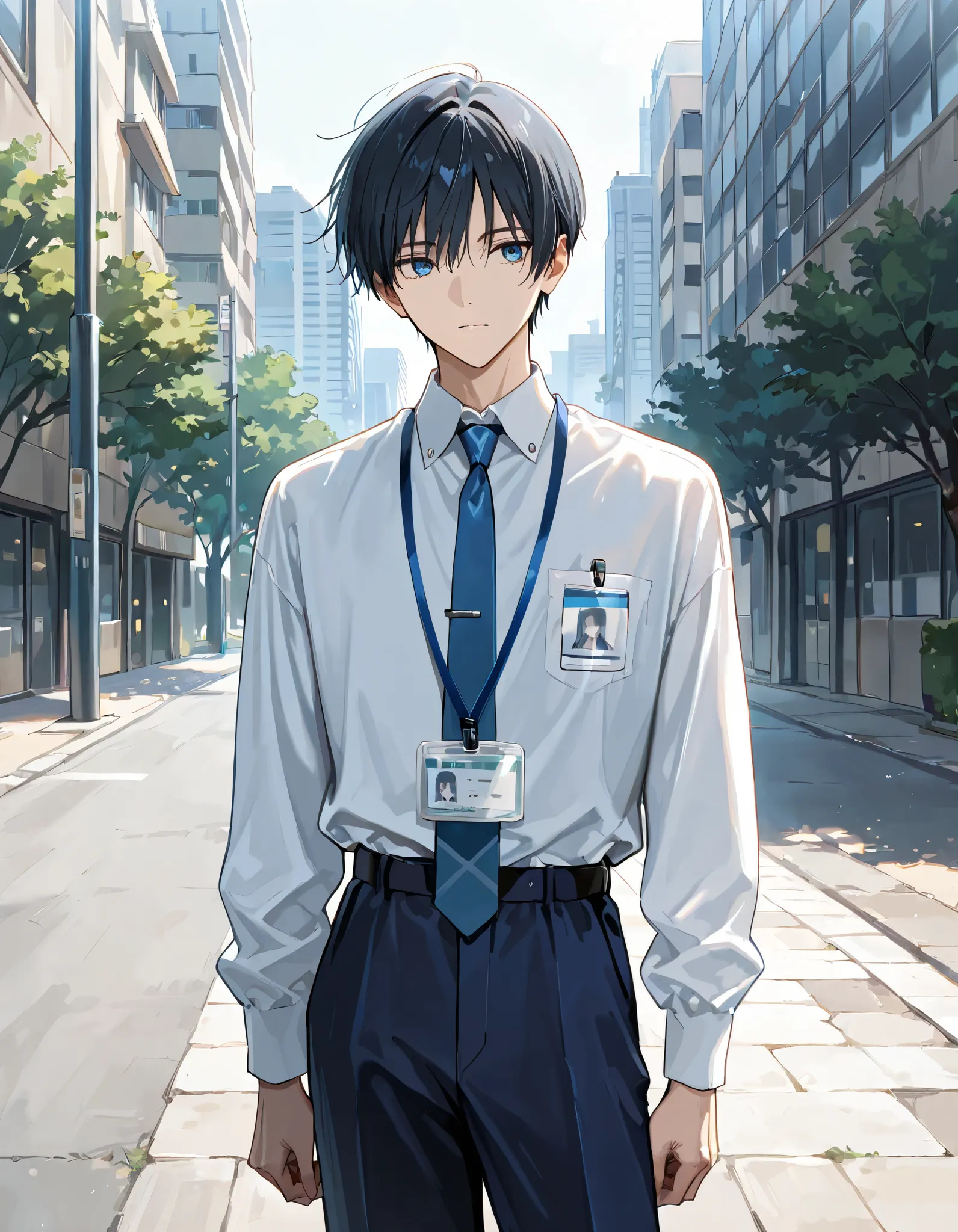 masterpiece, best quality, highres, 1boy, tall boy, black hair, straight hair, short hair,blue eyes, wearing white collared shirt, blue necktie, dark blue trousers, ID Card, standing, outdoor 