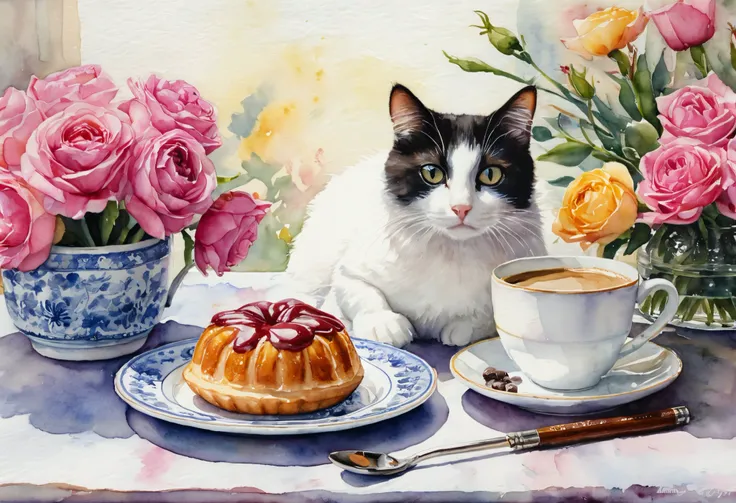  Cat Painting sitting on a table with flowers in the background, a  Cat Painting,  Cat Painting, in a  Cat Painting,  cat portrait ,  cat portrait  painting,  Traditional Art , Detailed watercolor painting,  cat portrait ,  Beautiful , Kitten Oil Painting ...