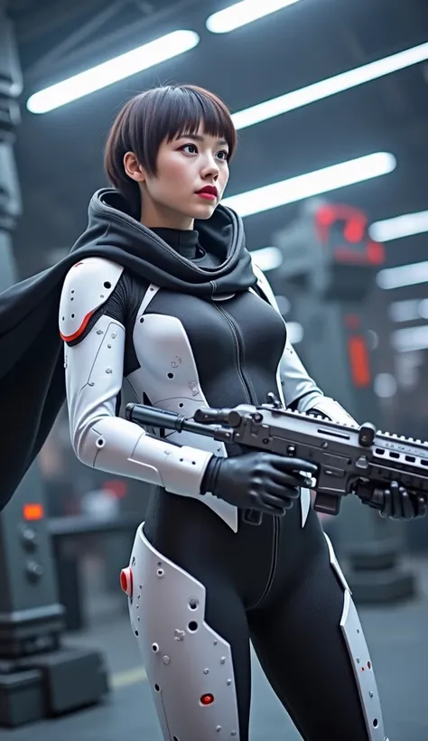 Spaceship Earth、Woman Equipped with Machine Armored Weapons ,Wearing a black cloak，8K ultra-high resolution， DYNAMIC LIGHTING ， bright colors visible from the forehead， Woman Wearing High-Tech Steel Suit ， Cyberpunk Space Opera 、Light-emitting mechanical 、...