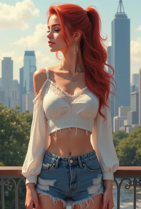 In the image, a young woman is standing confidently against a backdrop of a city skyline. She has vibrant red hair styled and is wearing a white crop top with lace detailing on the sleeves, paired with distressed denim shorts. Her gaze is directed off to t...