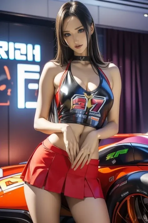 (  masterpiece), (  MotoGP Racing Girls ), (  eyeliner:0.5),(:0.5),  black hair, With a faint smile,  beautiful繊細な少女を指す,  very elaborate eyes and face  ,  beautiful繊細な目, , ((Event List)), (MotoGP truck background  ), (  top quality , oconnor , reality,  or...