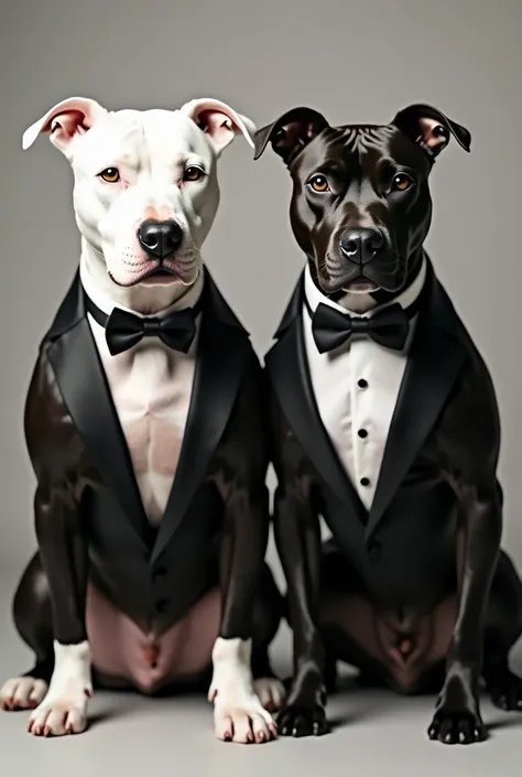 Two pitbull dogs, one white and one black, wearing a suit