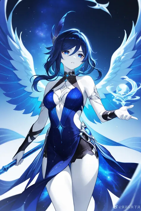 LONG FEATHER KITTEN、 Galaxy Wings、 long dark blue hair、 eyes are blue like deep sea、 high image quality  、 Super Fine、、   white skin、 best thighs、 Genshin、ice、whale