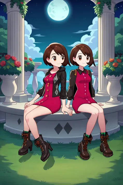 score_8_up, game screencap,  gloria, 2girls, duo,full body, wearing black high heel boots, red dress, black leather jacket, jewelry, intricate details, sharp focus, high resolution, the background of beautiful garden with columns, on a beautiful night, ful...