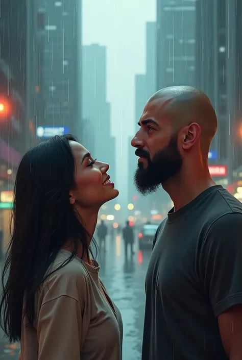 ( is the best quality, 8k :1.2), ( masterpiece :1.3), A beautiful woman ( straight and long black hair, sweet smile) E um homem ( shaved hair , big beard).,  simple clothes .  They're looking at the rain. Admiring the rain fall  , urban city. . Realistic s...