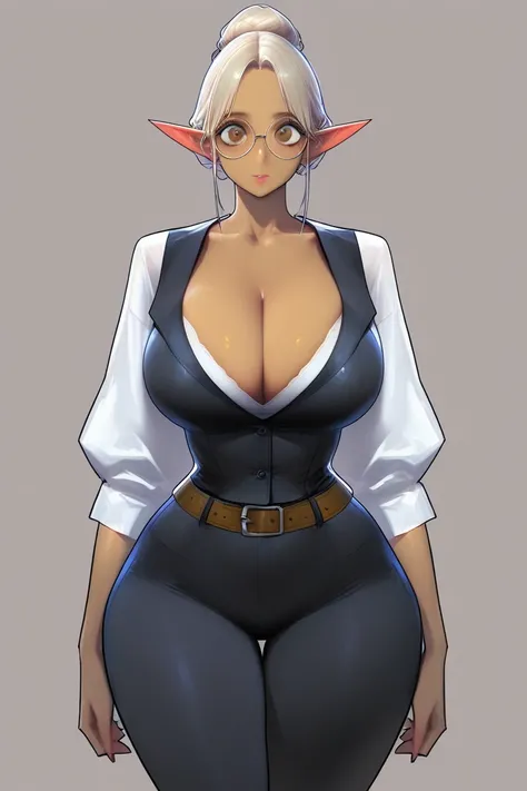 Gorgeous woman, elf, pretty lips, big eyes, brown eyes, hair bun, large breasts, large thighs, narrow waist, big hips,white shirt, black vest, black pants, brown belt, round glasses, dark skin, large cleavage,