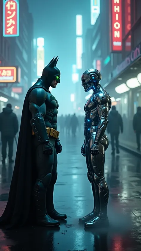 "Generate a cinematic, hyper-realistic scene in a foggy cyberpunk city at night. Batman stands face-to-face with a futuristic cybernetic humanoid. Batman’s armored suit is matte black with glowing green eyes, while the cybernetic humanoid has a sleek chrom...