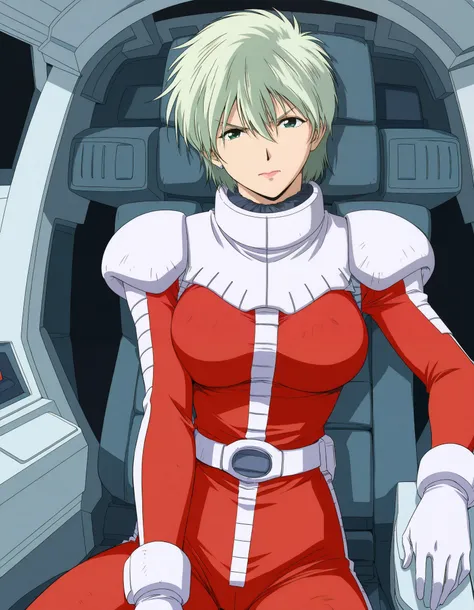masterpiece, best quality, good quality,  1girl ,Alone,cowboy shot,standing,looking at viewer,(1990s \(style\):0.2), ainasahalim ,green hair,green eyes,short hair,lips,lipstick,large breasts,(smile:0.5),closed mouth,pilot suit, red suit、The background is c...