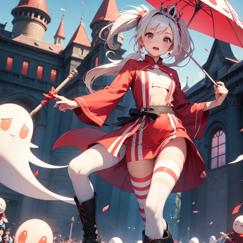   one girl、  female in her 20s、round face、  Round Eyes 、  white skin、((I'm wearing a red and white mini dress and sticking out my belly button))、( I'm wearing white and black striped tights )、 I'm floating in the air with a ghost castle in the background 、...