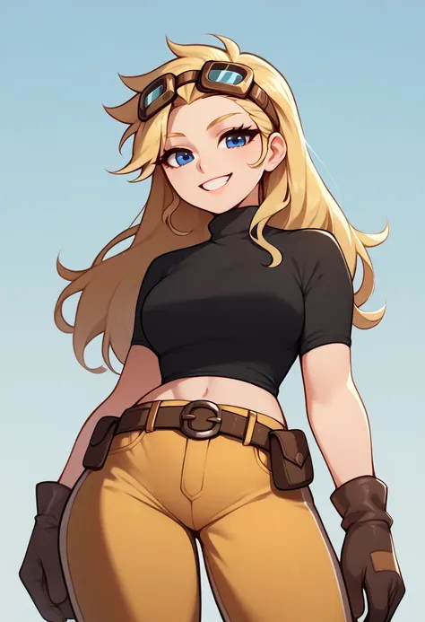 Terra, 1girl, yellow shorts, solo, long hair, blonde hair, gloves, black turtleneck,blue eyes  midriff, belt, belt pouch ,goggles on head,  score_9, score_8_up, score_7_up, score_6_up, score_5_up, score_4_up outdoors, simple background, looking at viewer, ...