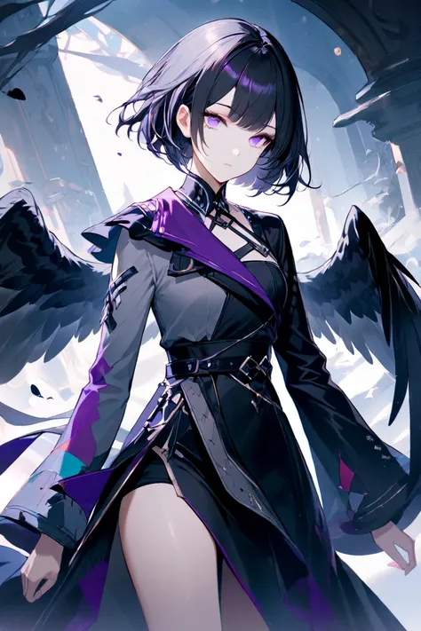 One girl, masterpiece, best quality, expressionless, clear skin, black hair, short hair, vertical eyes, purple eyes, patchwork long sleeves, asymmetrical hoodie, black skirt, four black wings, tomb of night