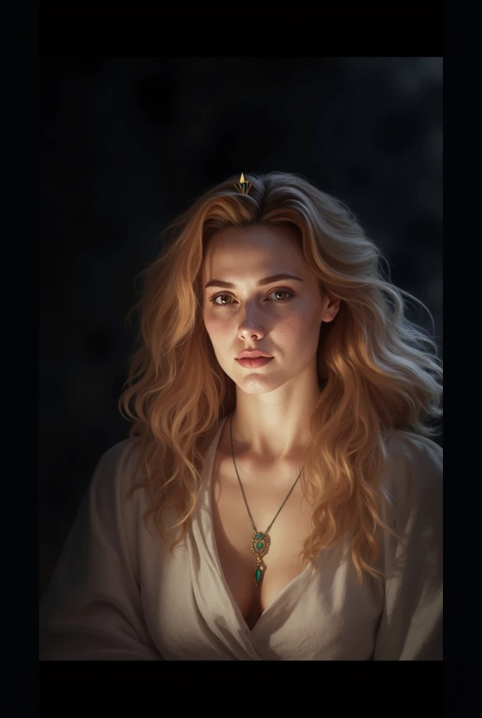 Queen, In white dress, with an imposing and protective tiara , thin and straight hair, long. gold necklace and bracelets, sweet face, awe-inspiring and protective. Egyptian, blonde 