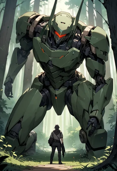  Masterpiece,  top quality, Deep in the forest, A decaying giant robot that knocked on one knee,  