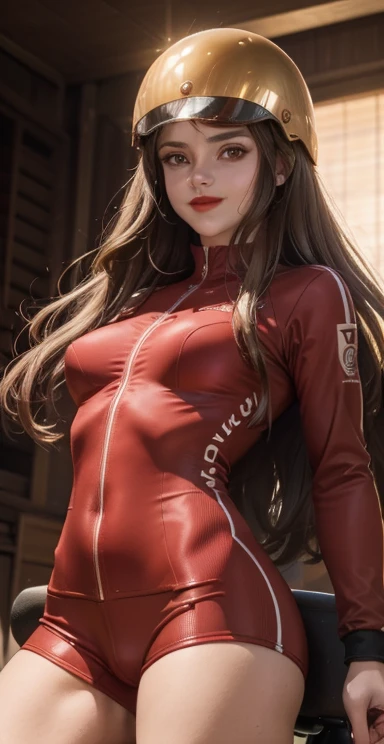 woman , long hair golden brown, normal, she is solo, from alternative world ,best quality, realistic, cycling full dark red suit and cycling sports black shorts, she is stand , smile, red lipstick , helmet 