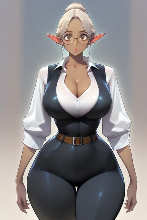 Gorgeous woman, elf, pretty lips, big eyes, brown eyes, hair bun, large breasts, huge thighs, narrow waist, big hips,white shirt, black vest, black pants, brown belt, round glasses, dark skin, large cleavage, center cleavage 