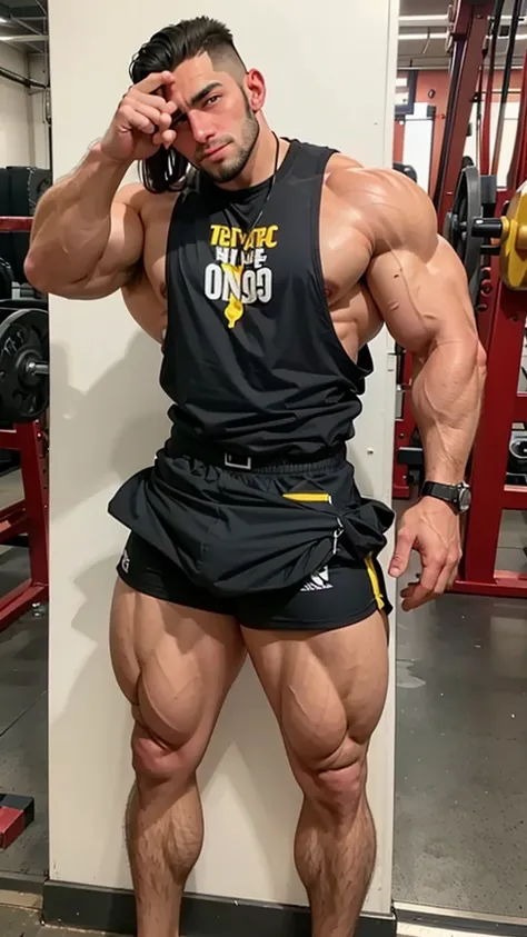 a man with a beard and a black shirt is posing for a photo, Muslos  musculars,  chest legs ,  strong legs,  massive muscles , extremadamente  muscular,  Huge muscles ,  extreme muscles , legs and arms, Delgado pero  muscular,  strong and impressive ,  exag...